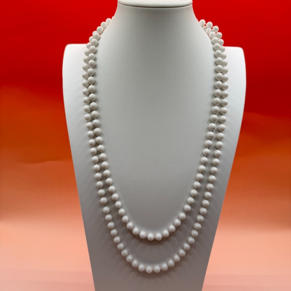 White Double Strand Bead Necklace Long Layered Classic Statement Vintage Style